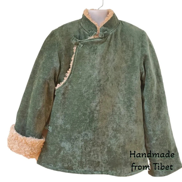 Handmade Tibetan | Children's Coat with Angora Lining | Green | sz 6 to 7 - Picture 1 of 8